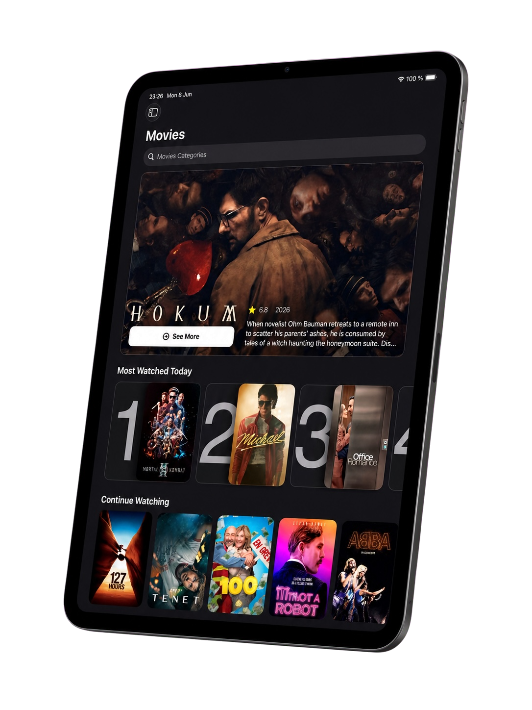 Fluxer movie library shown as a tablet mockup